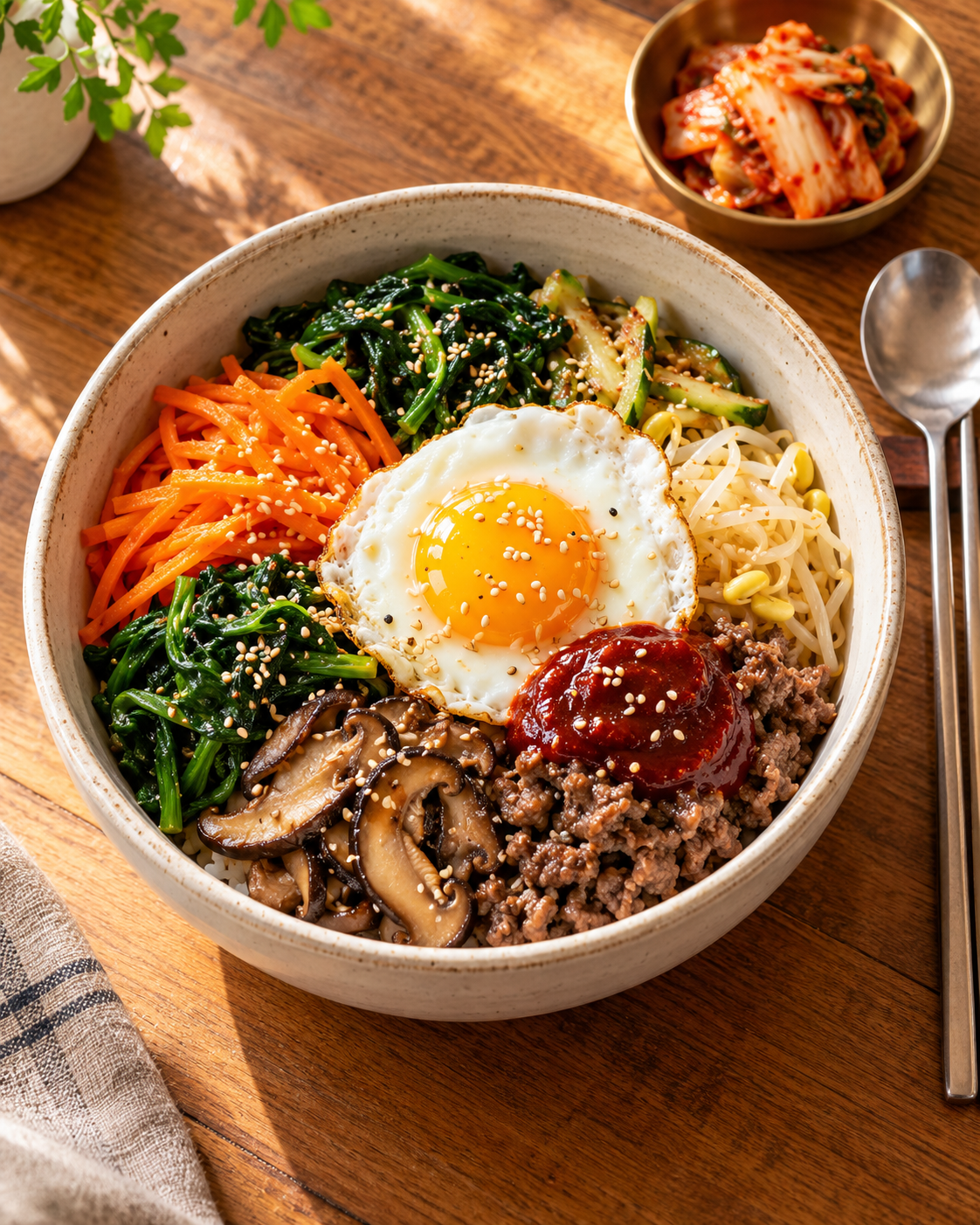 예시 이미지: 나물과 달걀을 올린 비빔밥 한 그릇